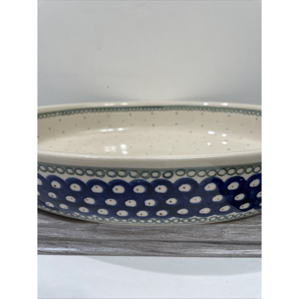 Bolesławiec Polish Pottery Peacock & Polka Dot Large Oval Baker‎ 14 Inches - Picture 2 of 5